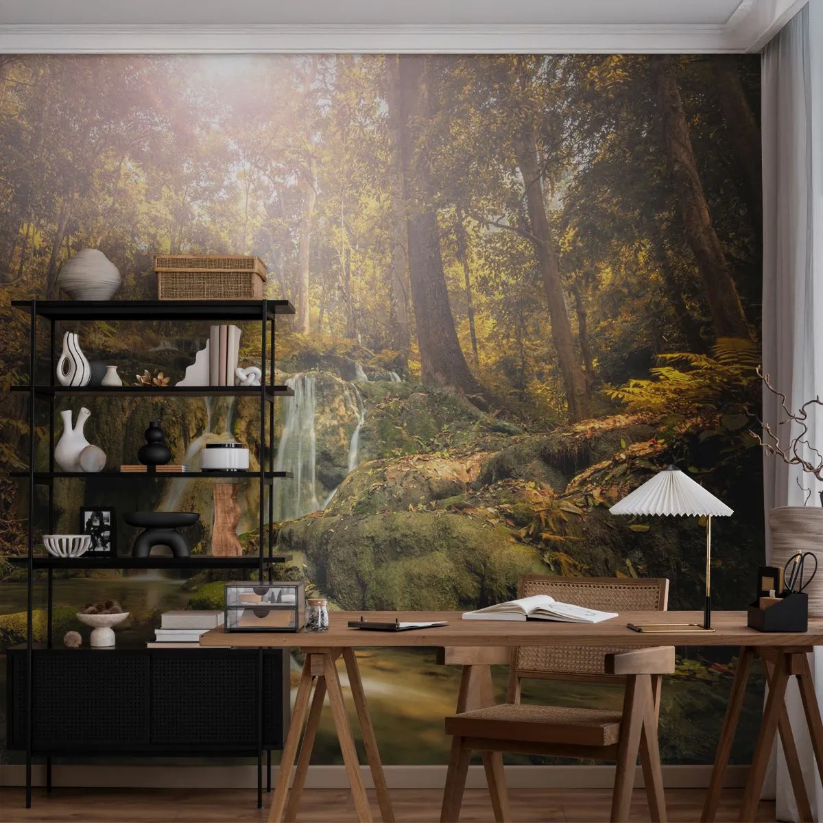 Fototapet Premium Sand - Skogkaskad i grönt - Landskap, Vattenfall, Skog - 150x105 cm