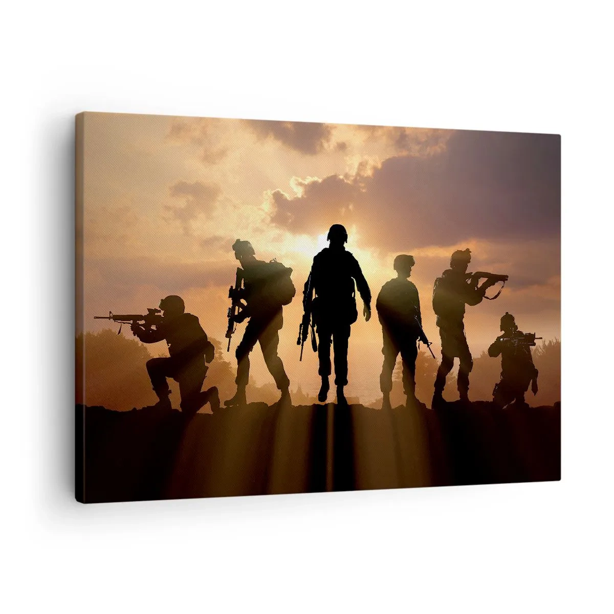 Canvastavla - Bild på duk - Soldater mot bakgrund av den nedgående solen i en dynamisk miljö - 70x50cm - Brothers in arms - Modern väggdekoration för vardagsrum och sovrum ARTTOR