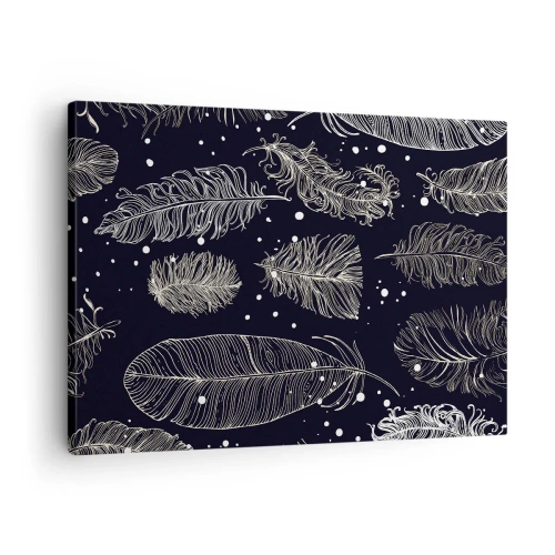 Canvastavla - Bild på duk - Fina vita fjädrar på en marinblå bakgrund - 70x50cm - Fjäderspets - Modern väggdekoration för vardagsrum och sovrum ARTTOR