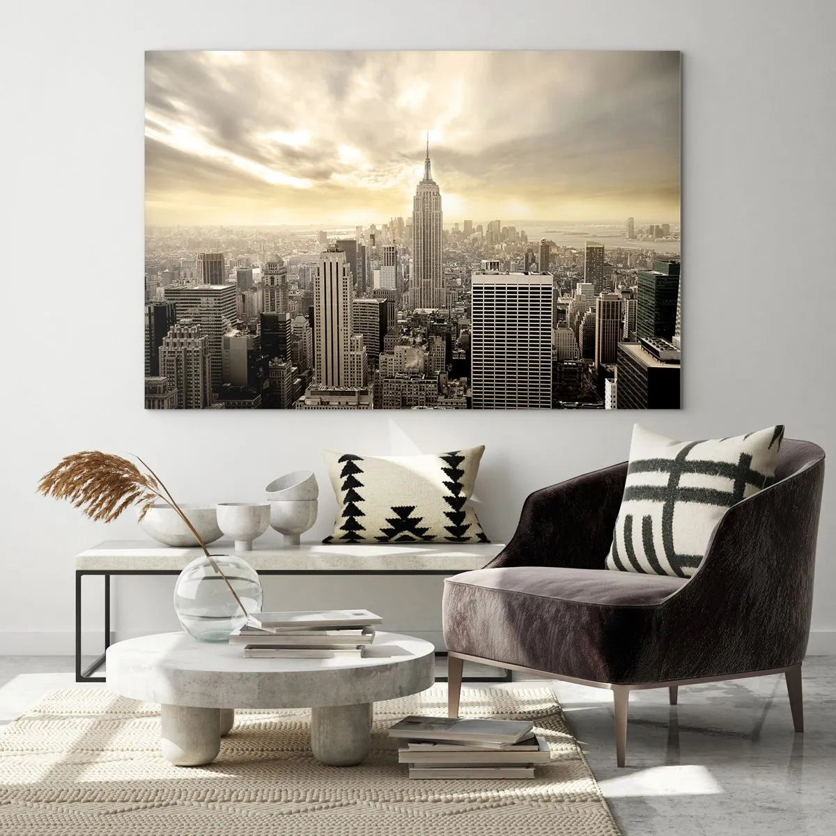 Glastavla - Bild på glas - Stadspanorama med skyskrapor och Empire State Building - 70x50cm - New York i grånyanser - Modern väggdekoration för vardagsrum och sovrum ARTTOR