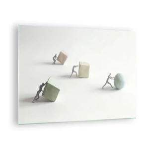 Glastavla - Bild på glas - Miniatyrfigurer rullar och knuffar geometriska former. - 70x50cm - Livet leker - Modern väggdekoration för vardagsrum och sovrum ARTTOR