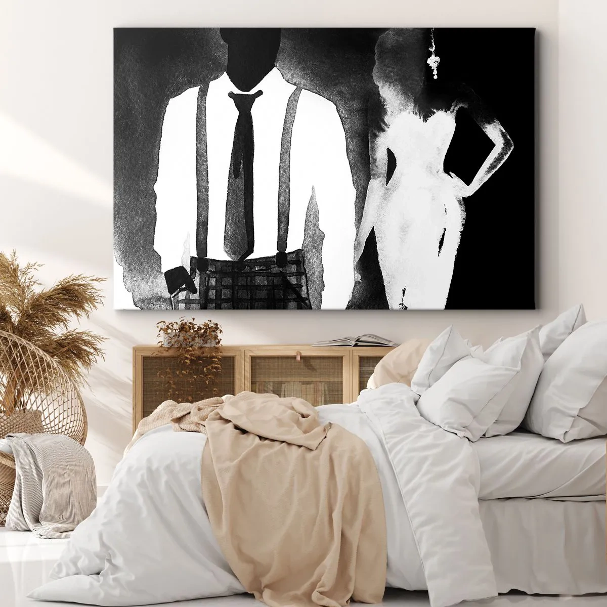 Canvastavla - Bild på duk - Noir-stilkaraktärer, svartvit elegans och mystik - 70x50cm - Noir stämning - Modern väggdekoration för vardagsrum och sovrum ARTTOR