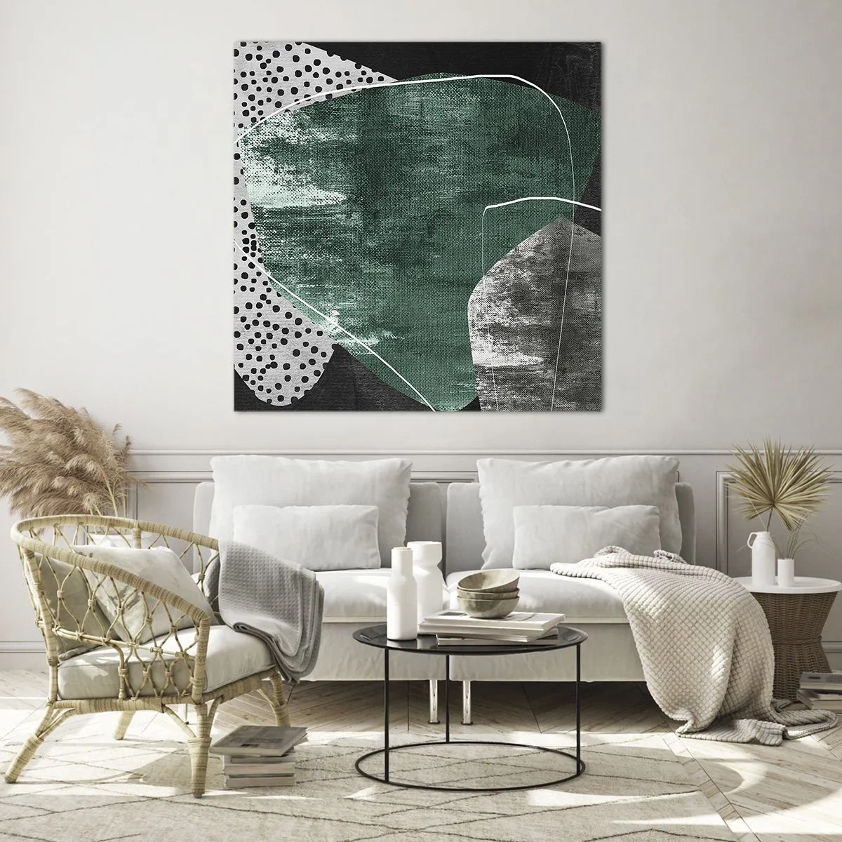 Glastavla - Bild på glas - Färgstark abstraktion med en guldflinga - 40x40 cm