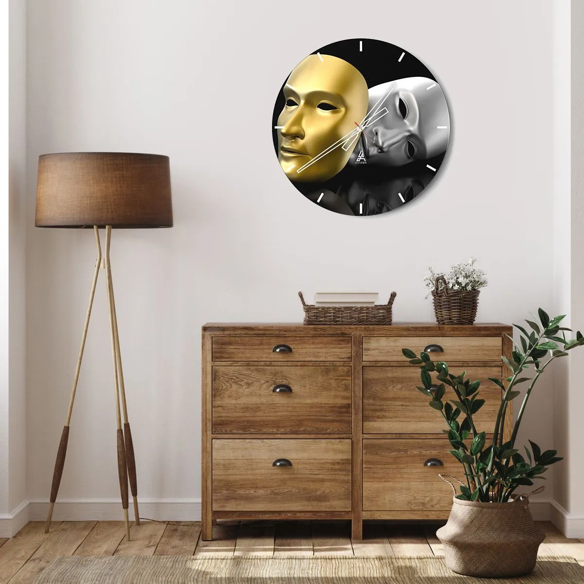 Väggklocka - Klocka på glas - Guld- och silverteatermask på svart bakgrund - 30x30cm - Livet är teater - Modern väggdekoration för vardagsrum, kök och sovrum ARTTOR