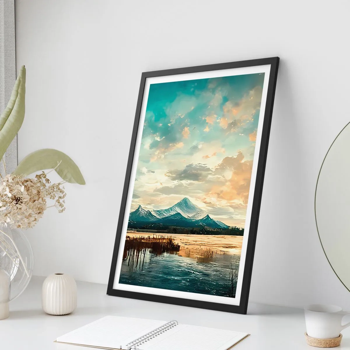 Affisch i svart ram - Pittoreskt bergslandskap vid solnedgången - 50x70cm - Under himlens skydd - Modern väggdekoration för vardagsrum och sovrum ARTTOR