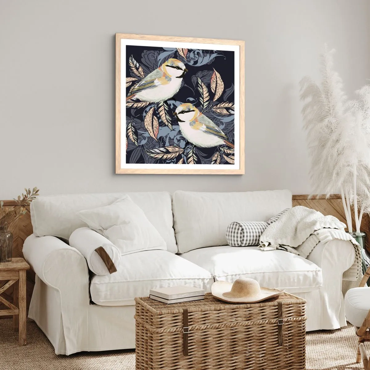 Affisch i ram av ljusek - Gul-grå fågelsång - 40x40 cm