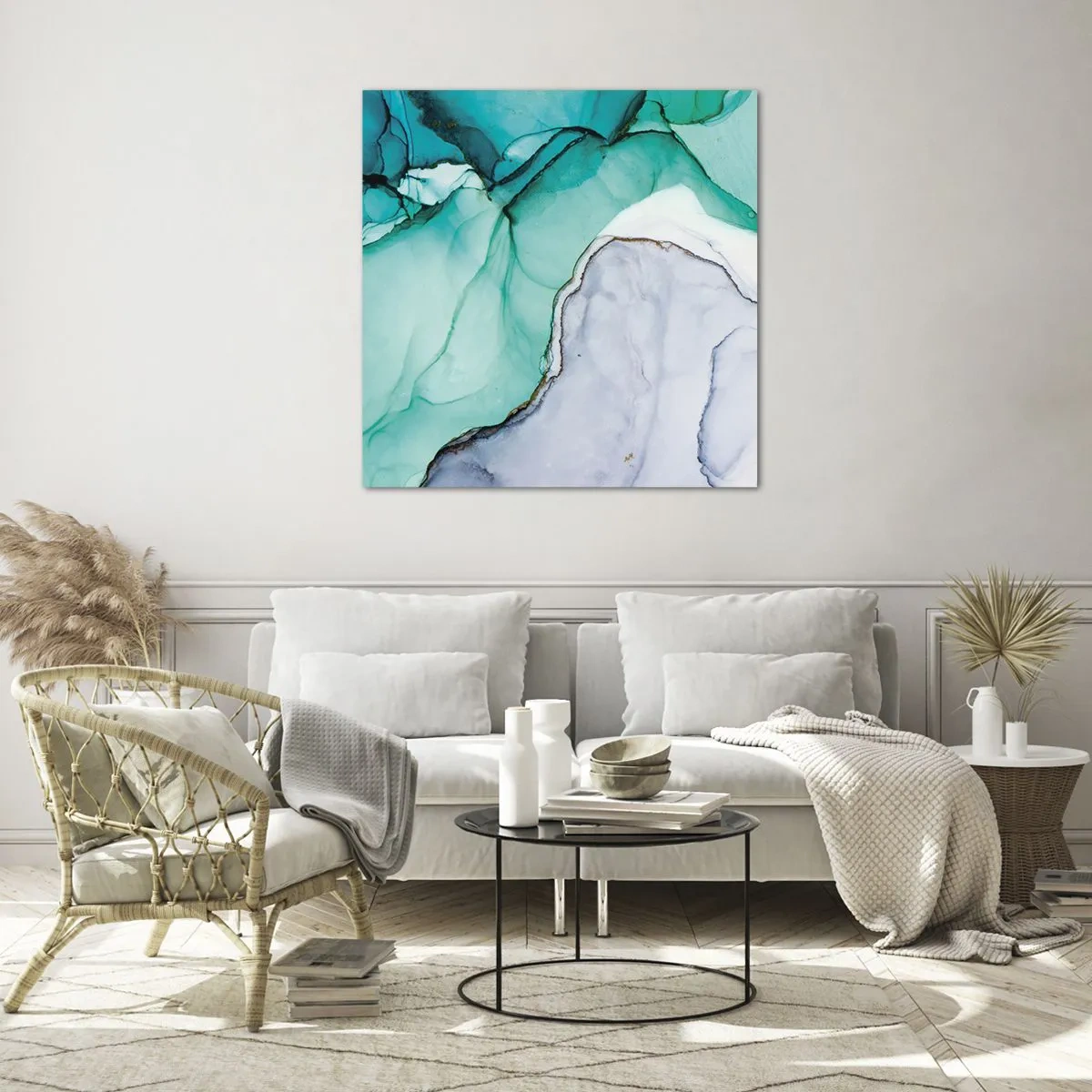 Glastavla - Bild på glas - En studie i turkos - 70x70 cm