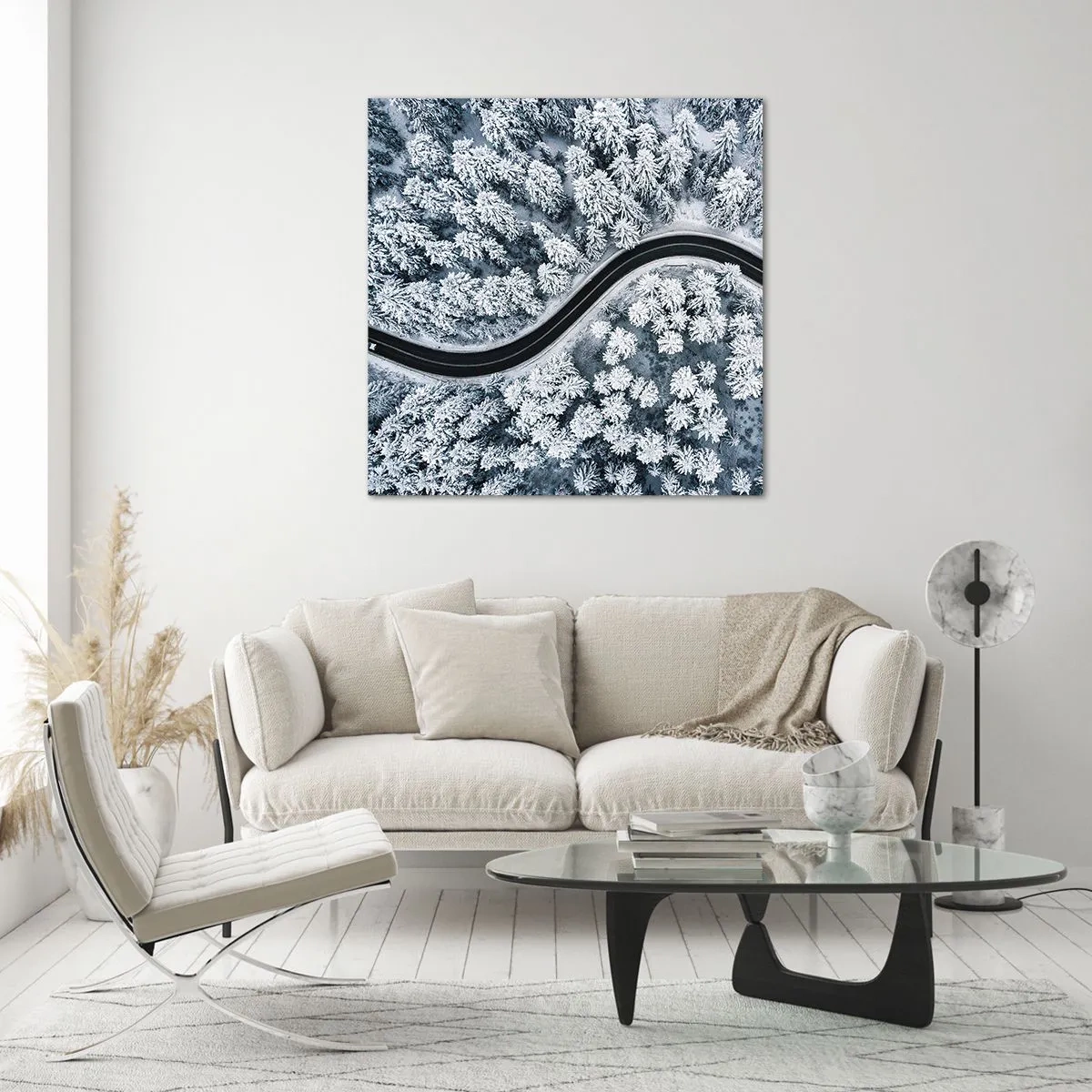 Glastavla - Bild på glas - Genom vinterskogen - 70x70 cm