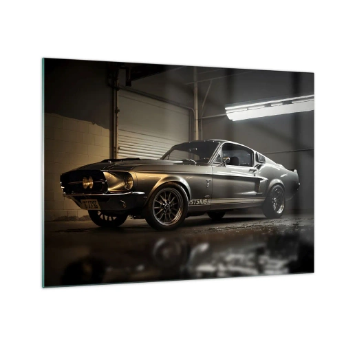 Glastavla - Bild på glas - Klassisk bil i garage under industriell belysning - 70x50cm - Tillbaka till det förflutna - Modern väggdekoration för vardagsrum och sovrum ARTTOR