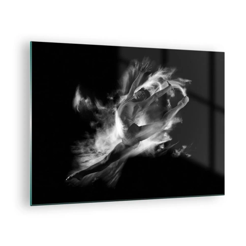 Glastavla - Bild på glas - Svartvit silhuett av en dansare i dynamisk rörelse - 70x50cm - Fångad i luften - Modern väggdekoration för vardagsrum och sovrum ARTTOR