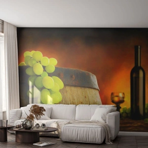 Fototapet Standard Eco - Stilleben med vinflaska och vindruvor - Druva, Vin, Vinfat - 250x175 cm