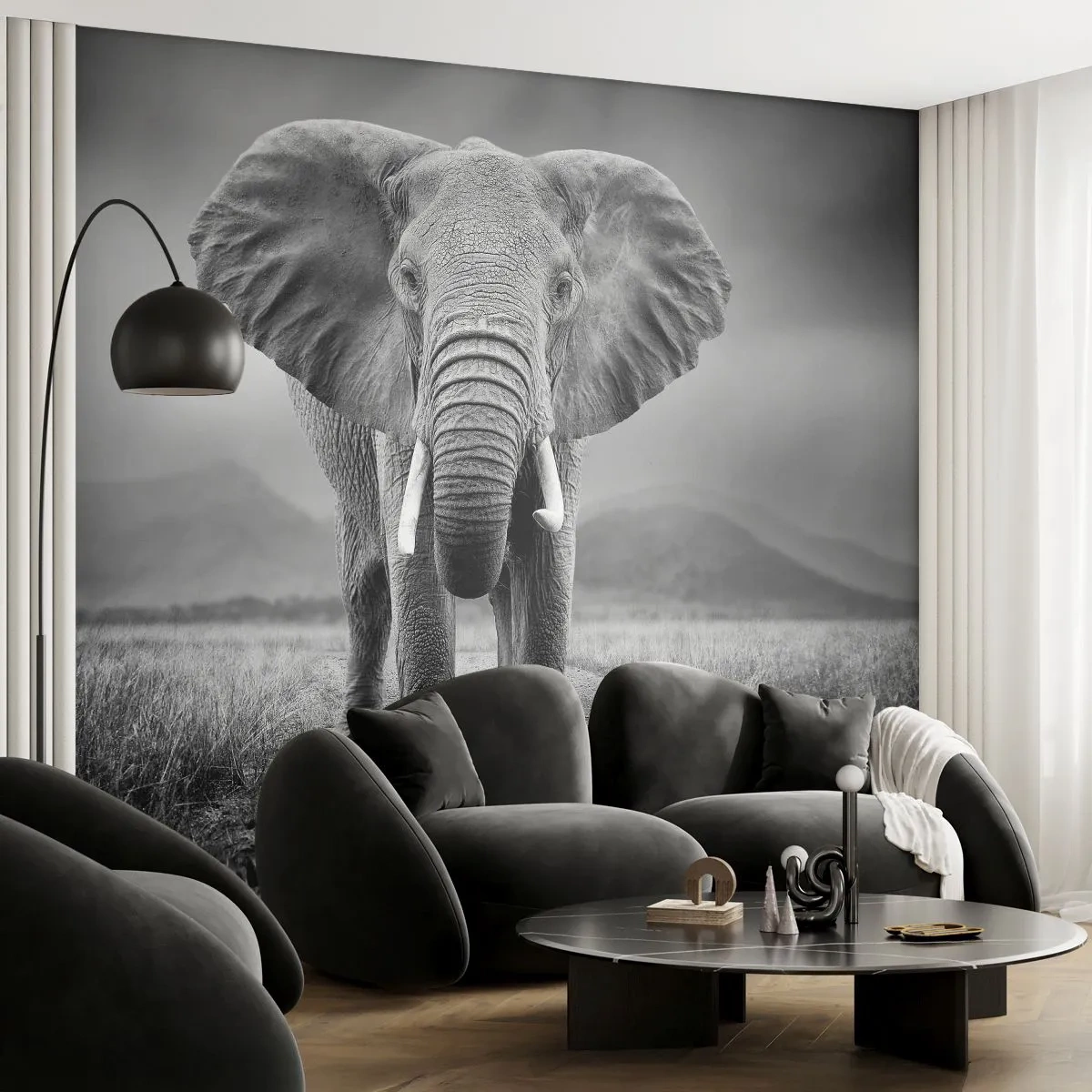 Fototapet Premium Sand - Värden hälsar välkommen - Elefant, Djur, Landskap - 250x175 cm
