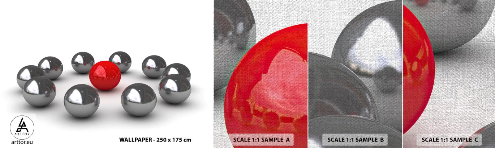 Provbit av fototapet Premium Canvas - Ring i silver och röd - Abstraktion, 3D, Runda bollar - 100x30 cm