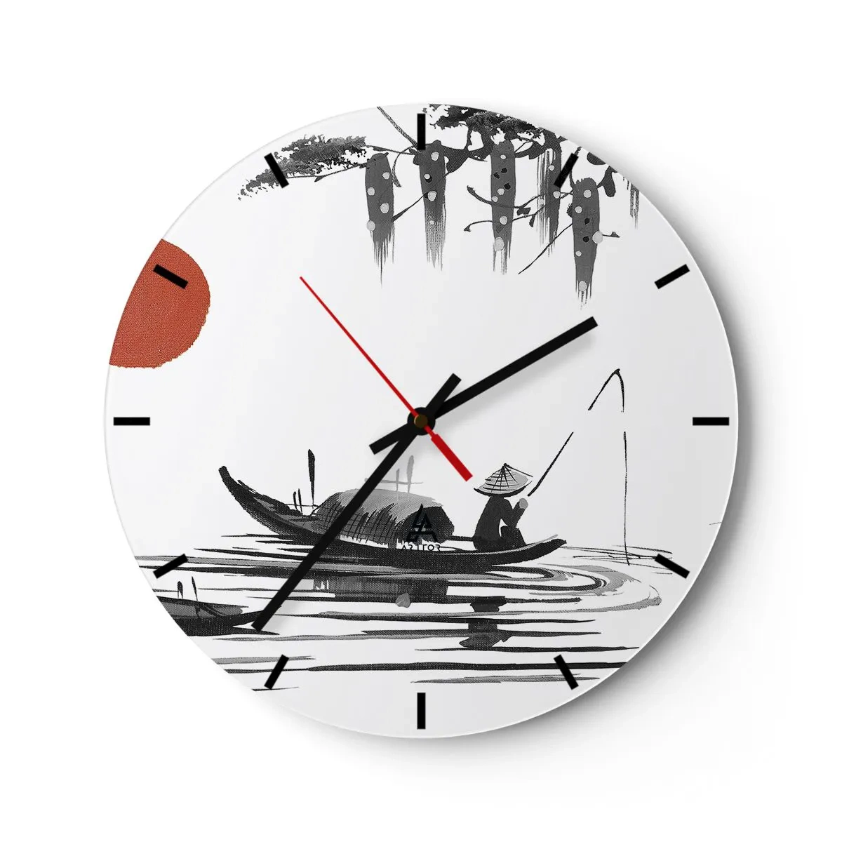 Väggklocka - Klocka på glas - Traditionell illustration av en fiskare i en båt mot en röd sol - 30x30cm - Asiatisk eftermiddag - Modern väggdekoration för vardagsrum, kök och sovrum ARTTOR