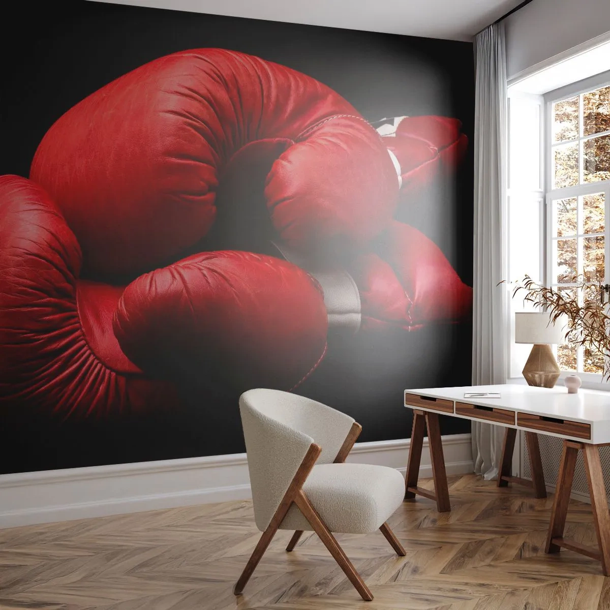 Självhäftande Fototapet Deluxe Sticker - Kampens emotioner bakom oss - Sport, Låda, Boxnings handskar - 250x175 cm