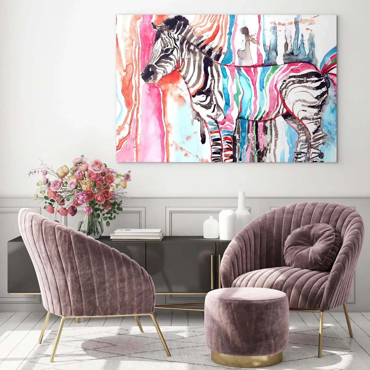Glastavla - Bild på glas - Färgglad zebra i akvarellstil - 70x50cm - Naturens bekymmerslösa skämt - Modern väggdekoration för vardagsrum och sovrum ARTTOR