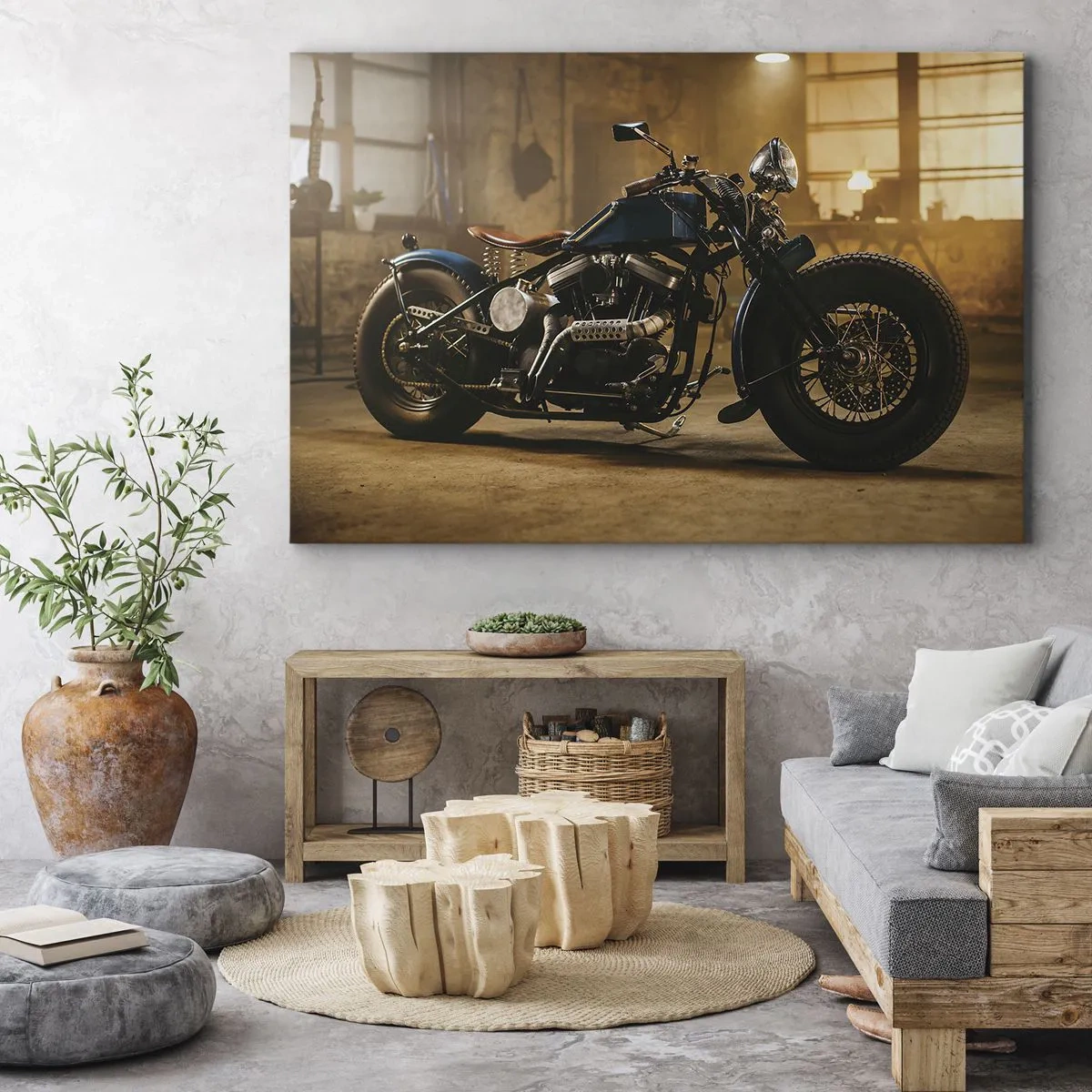 Canvastavla - Bild på duk - En snygg motorcykel i industriell interiör med varm belysning - 70x50cm - Jag kan allt - Modern väggdekoration för vardagsrum och sovrum ARTTOR