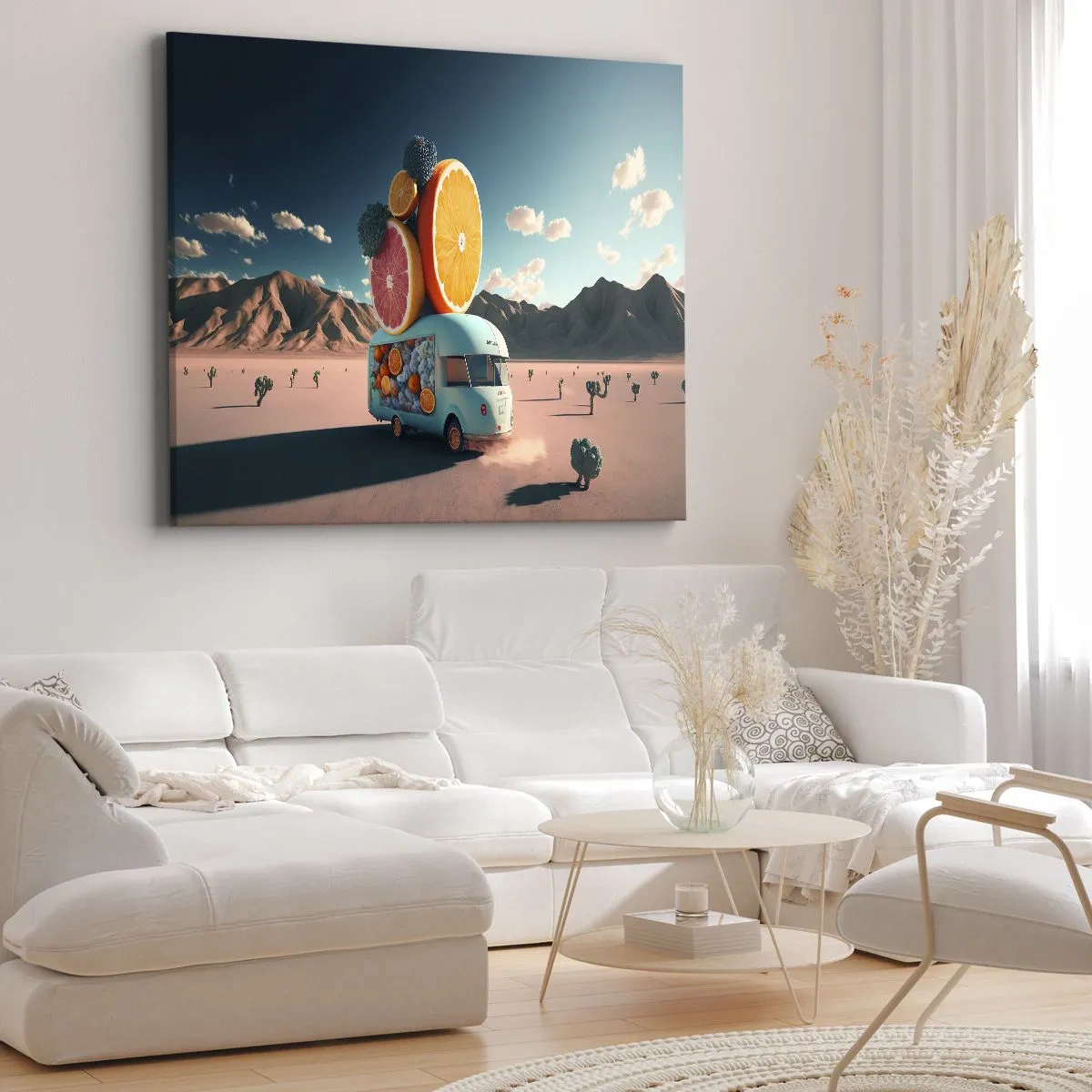 Canvastavla - Bild på duk - Fruktlastbil i ett ökenlandskap - 70x50cm - En smak av semester - Modern väggdekoration för vardagsrum och sovrum ARTTOR