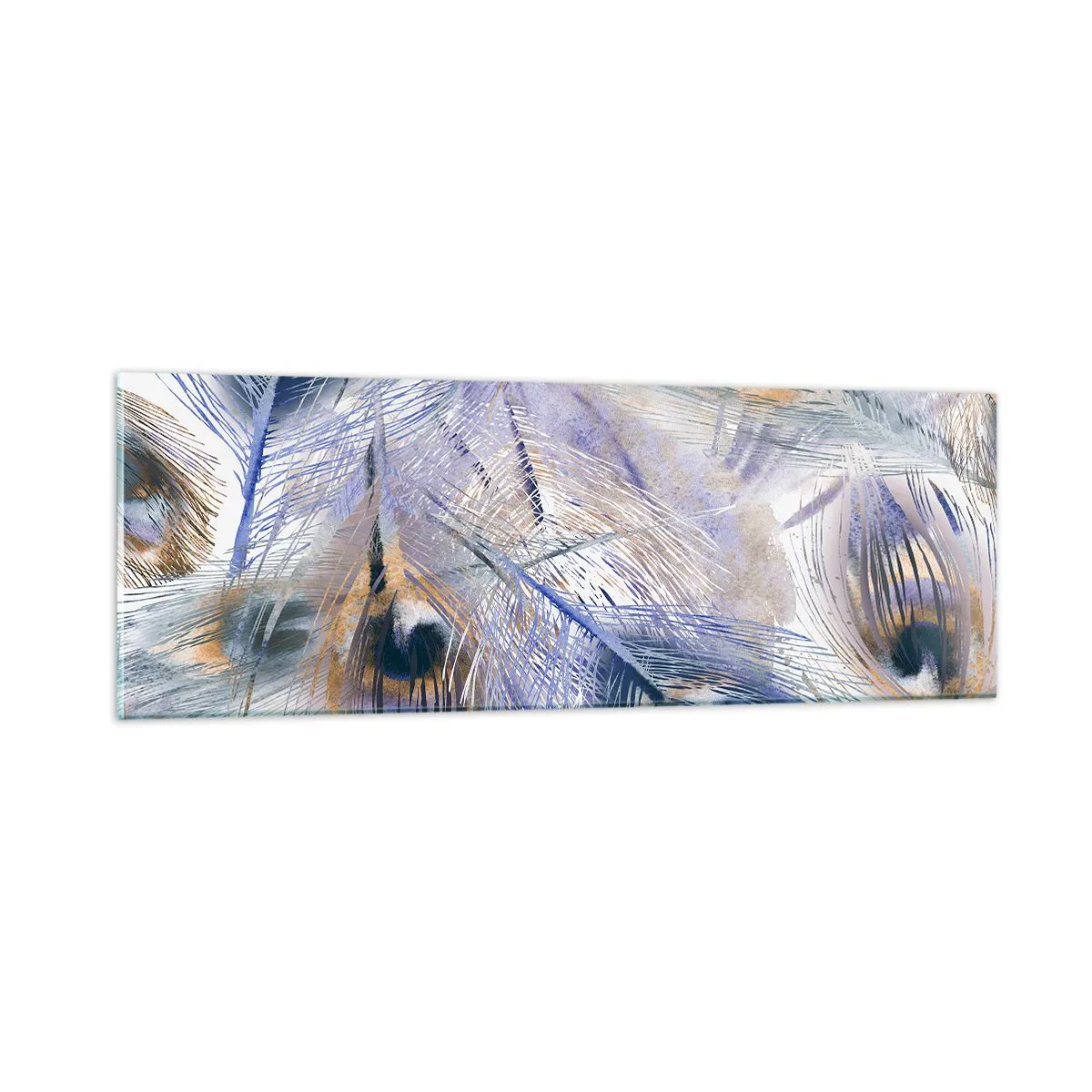 Glastavla - Bild på glas - Komposition med påfågelsfjädrar - 90x30 cm