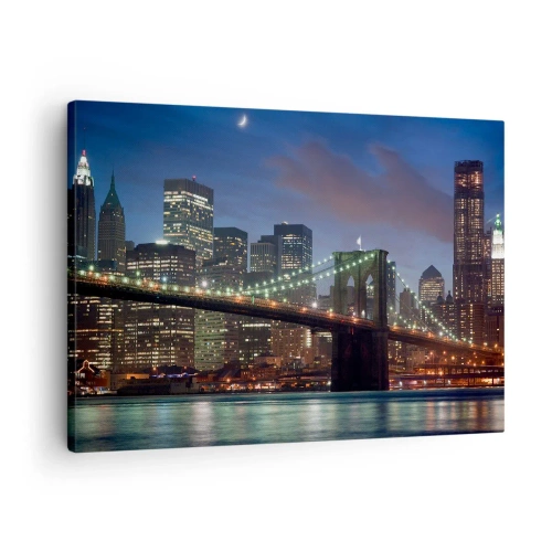 Canvastavla - Bild på duk - New York City Bridge på natten med upplysta byggnader - 70x50cm - Glödande natt - Modern väggdekoration för vardagsrum och sovrum ARTTOR