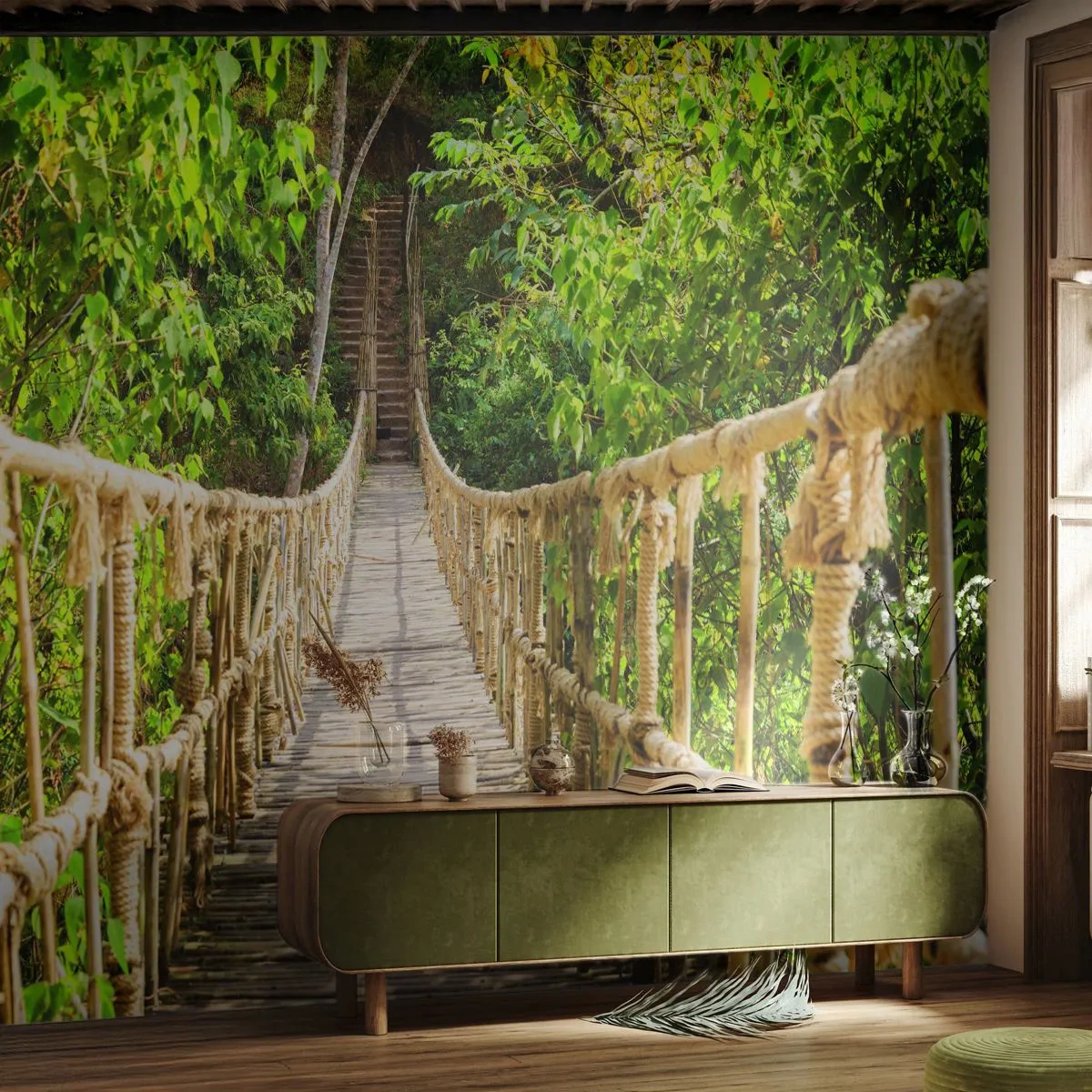 Fototapet Standard Eco - Upphängd i grönskan - Djungel, Rep bro, Natur - 400x280 cm