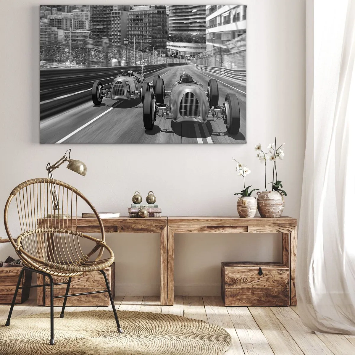 Canvastavla - Bild på duk - Monokrom retro bilrace scen - 70x50cm - För länge sedan i Monte Carlo - Modern väggdekoration för vardagsrum och sovrum ARTTOR