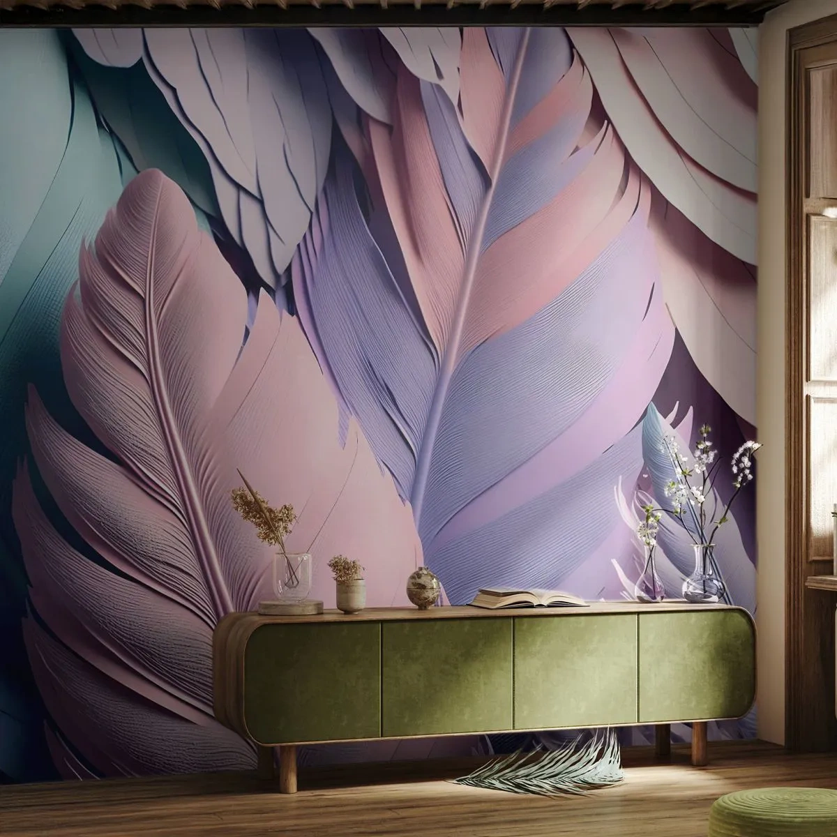 Fototapet Standard Eco - Fågelstil - Pastell, Fjädrar, Lätthet - 200x140 cm