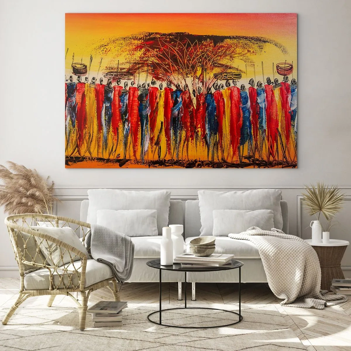 Glastavla - Bild på glas - En färgglad scen med människor i traditionella afrikanska dräkter - 70x50cm - Dit, dit, dit de går - Modern väggdekoration för vardagsrum och sovrum ARTTOR