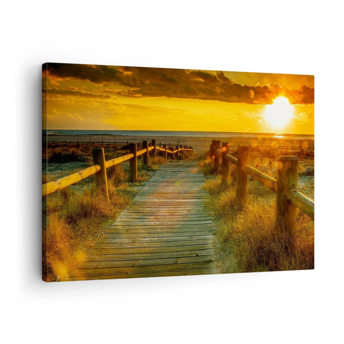 Canvastavla - Bild på duk - En trästig som leder till stranden i skenet av den nedgående solen - 70x50cm - Doppade i gammalt guld - Modern väggdekoration för vardagsrum och sovrum ARTTOR