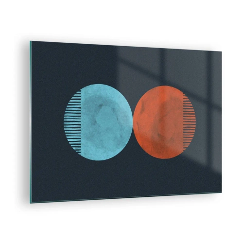 Glastavla - Bild på glas - Abstrakta cirklar i blått och orange - 70x50cm - Endast geometri? - Modern väggdekoration för vardagsrum och sovrum ARTTOR
