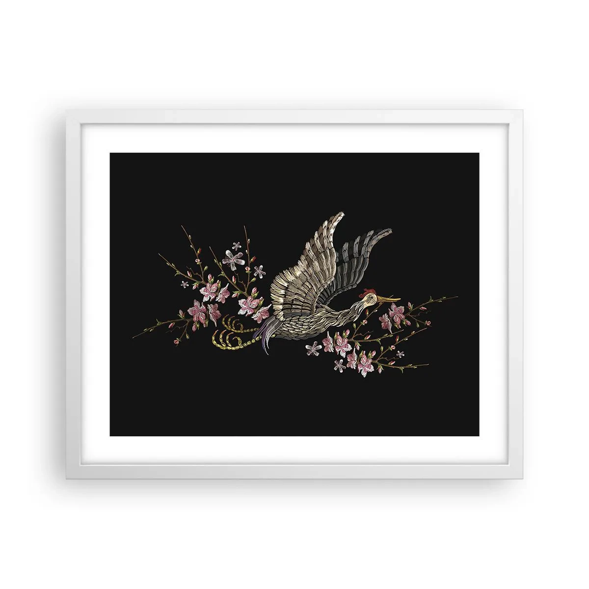 Affisch i vit ram - Exotisk, broderad fågel - 50x40 cm