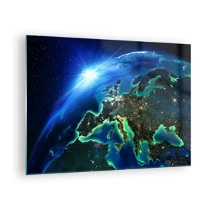Glastavla - Bild på glas - Vy över jorden från rymden med Europa som glöder på natten - 70x50cm - Glödande Europa - Modern väggdekoration för vardagsrum och sovrum ARTTOR