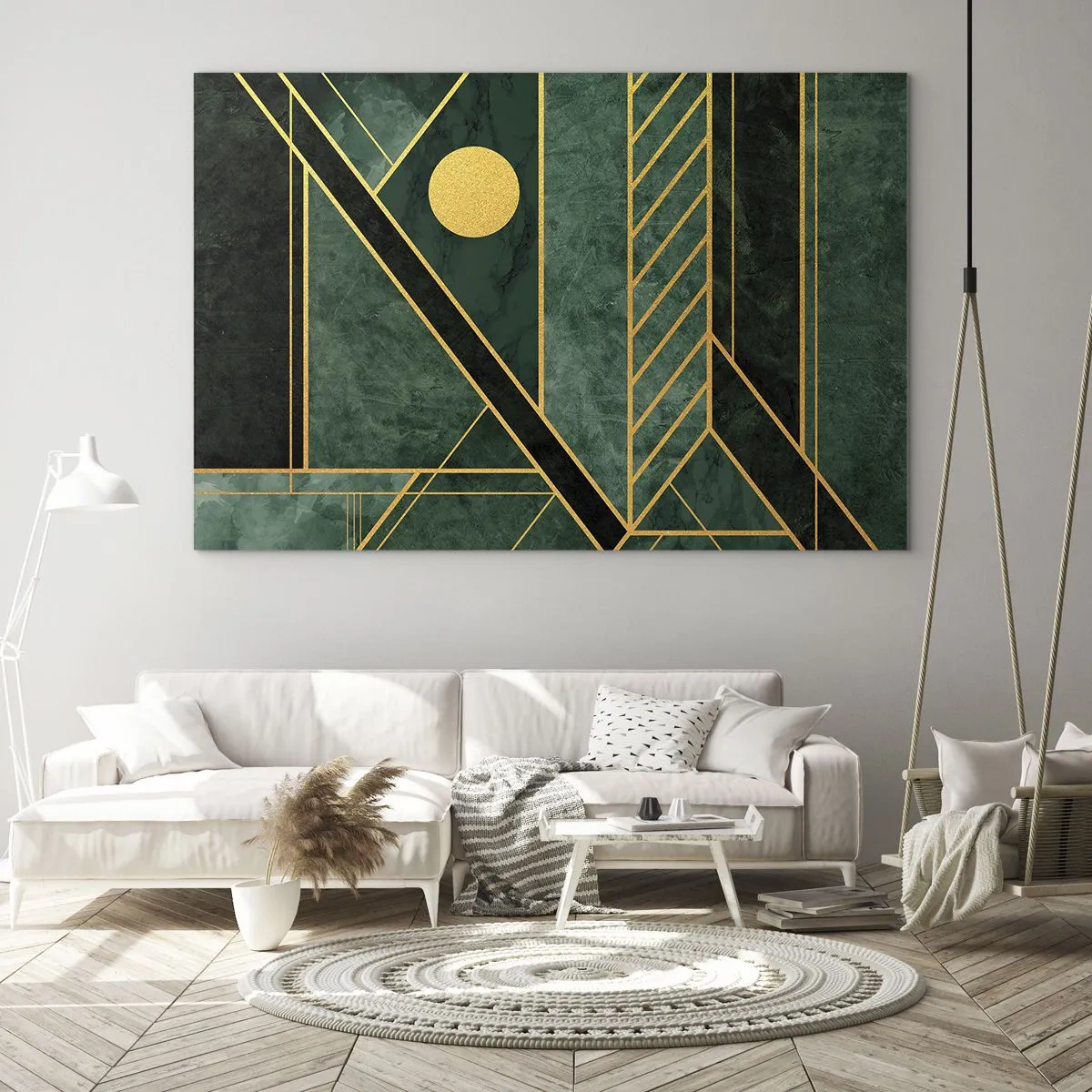 Glastavla - Bild på glas - Grön och guld geometrisk abstraktion i art déco-stil - 70x50cm - Dynamik av guld och azurblå - Modern väggdekoration för vardagsrum och sovrum ARTTOR