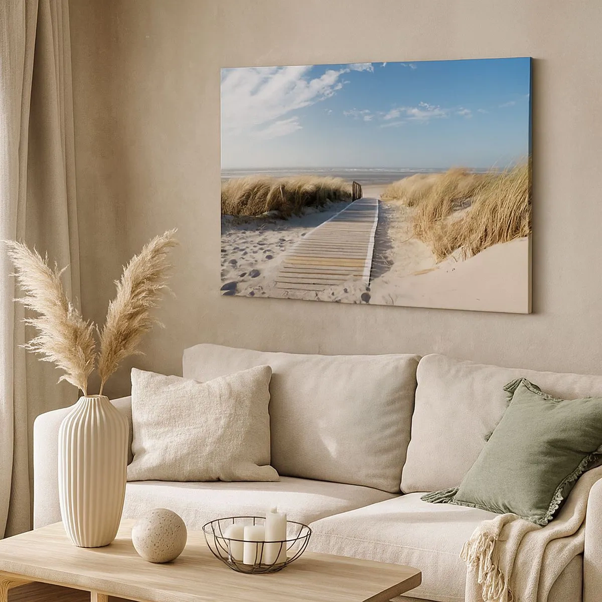 Canvastavla - Bild på duk - En trästig leder genom sanddynerna till det lugna havet - 70x50cm - Bortom sanddynan, i gräsets brus - Modern väggdekoration för vardagsrum och sovrum ARTTOR