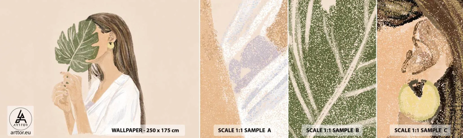 Fototapet Prov Standard Eco - Mystiskt porträtt med solfjäder - Blad, Kvinna, Boho - 100x30 cm