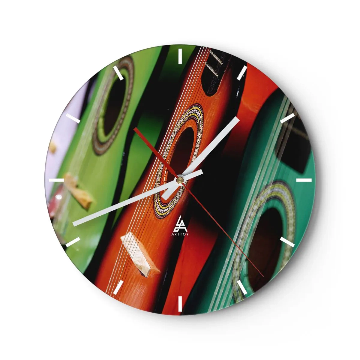 Väggklocka - Klocka på glas - Färgglada gitarrer i en konstnärlig komposition - 30x30cm - Gitarren har flera färger - Modern väggdekoration för vardagsrum, kök och sovrum ARTTOR