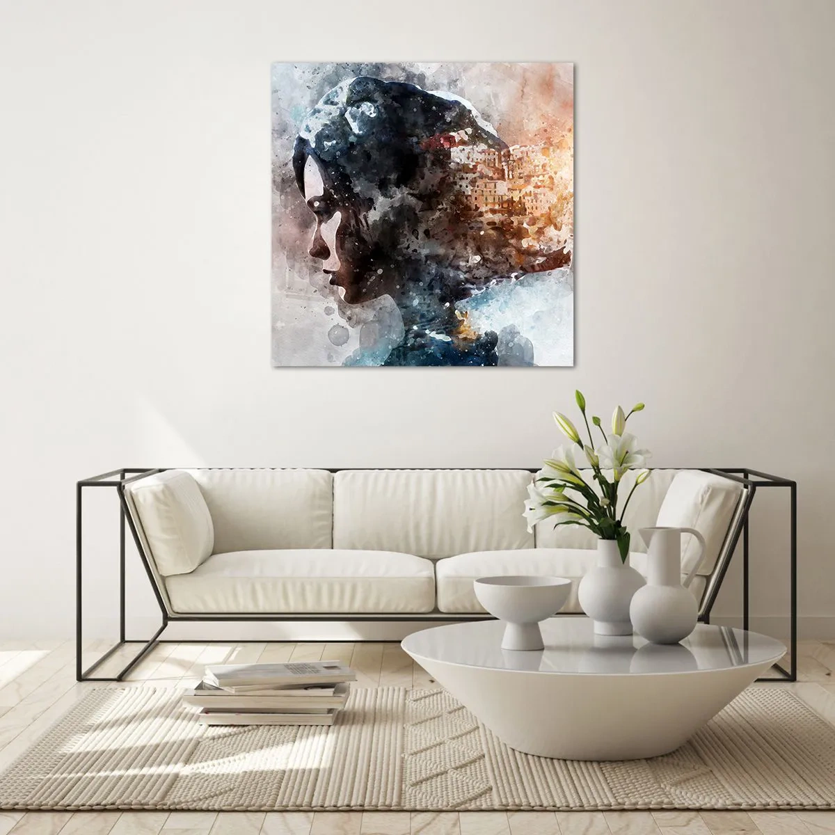 Glastavla - Bild på glas - Berättelse om en tjej med en stad i bakgrunden - 70x70 cm