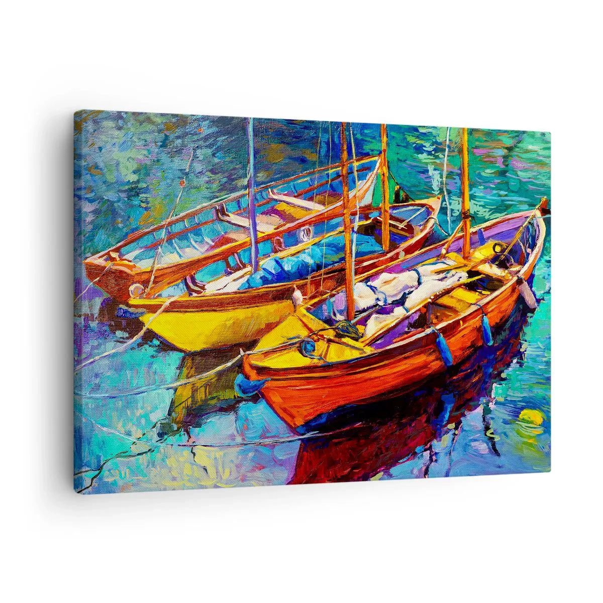 Canvastavla - Bild på duk - Färgglada båtar på lugnt vatten - 70x50cm - På ett färgtjockt vatten - Modern väggdekoration för vardagsrum och sovrum ARTTOR
