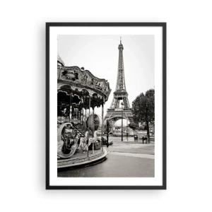 Affisch i svart ram - Svartvitt foto av karusellen och tornet i bakgrunden - 50x70cm - Nöje endast i Paris - Modern väggdekoration för vardagsrum och sovrum ARTTOR