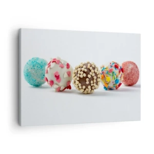 Canvastavla - Bild på duk - Färgglada praliner med dekorationer på vit bakgrund - 70x50cm - Livet kan vara sött - Modern väggdekoration för vardagsrum och sovrum ARTTOR
