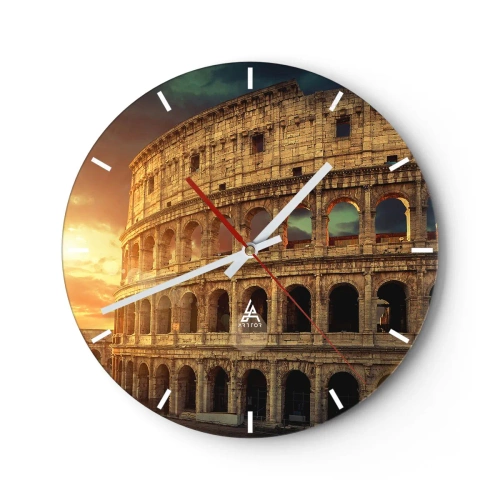 Väggklocka - Klocka på glas - Colosseum i Rom vid solnedgången - 30x30cm - Kolossalt intryck - Modern väggdekoration för vardagsrum, kök och sovrum ARTTOR