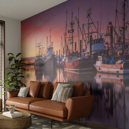 Fototapet Premium Canvas - Inför nästa dag - Fiskarens hamn, Båtar, Fiske - 250x175 cm