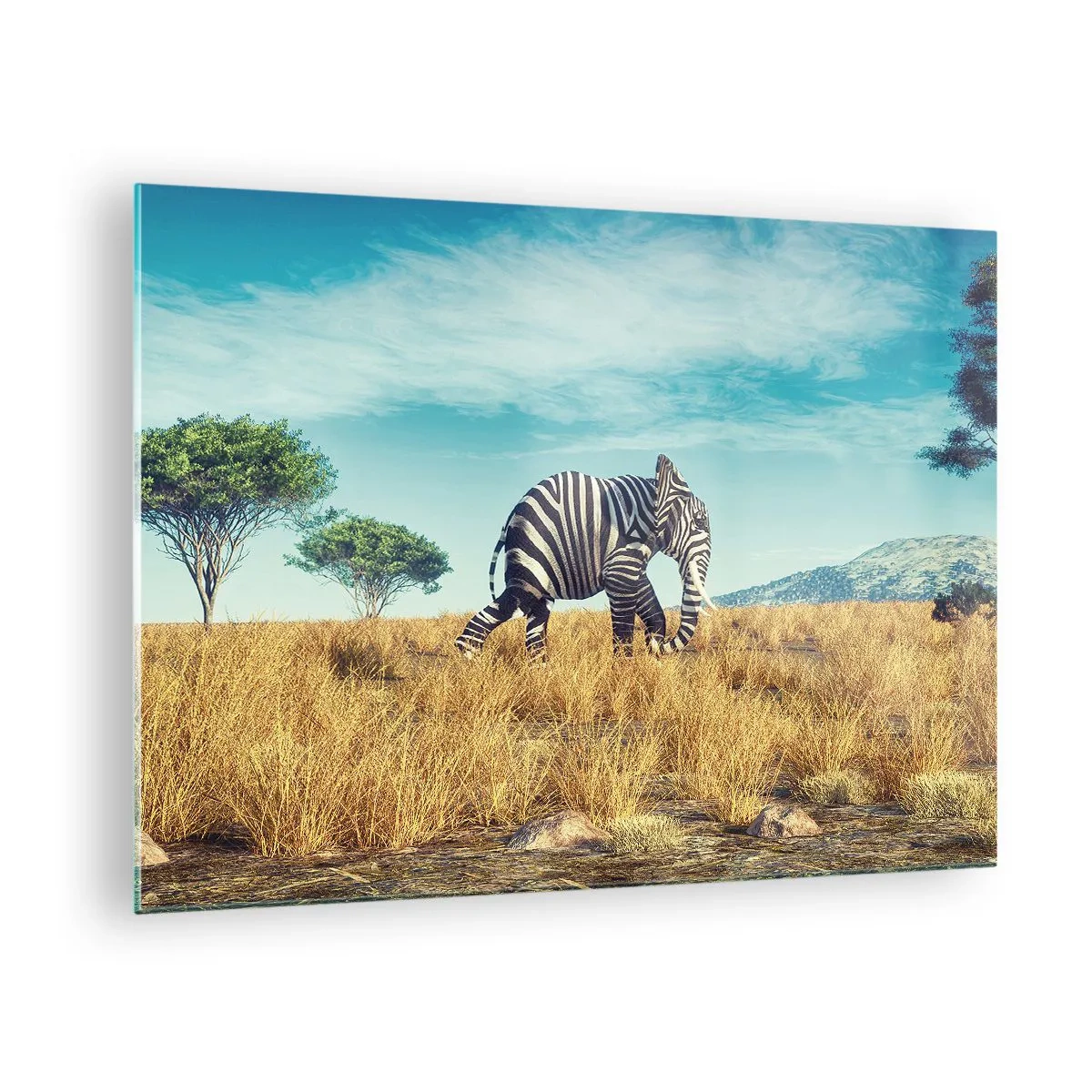 Glastavla - Bild på glas - En elefant med zebraränder på savannen under himlen - 70x50cm - Grått är ute - Modern väggdekoration för vardagsrum och sovrum ARTTOR