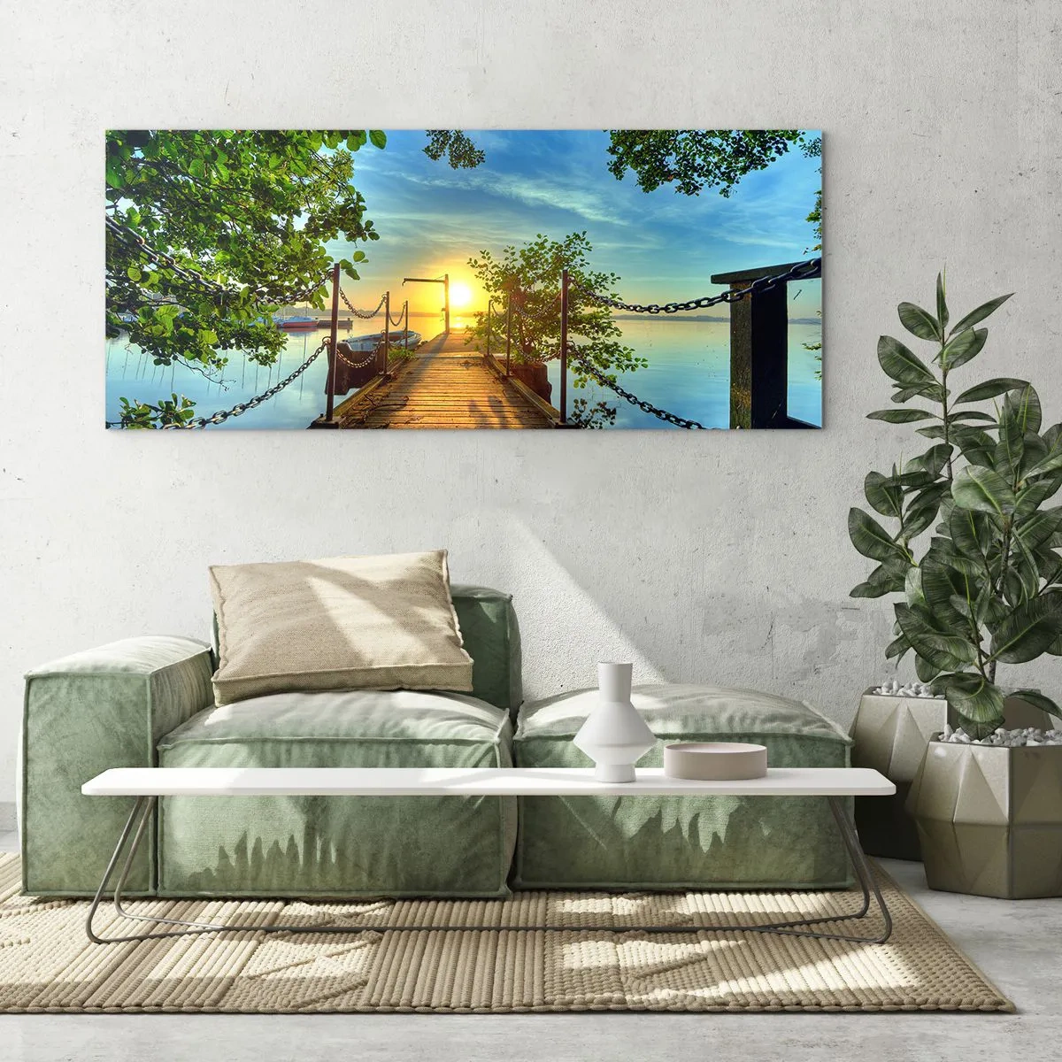 Glastavla - Bild på glas - Solnedgång vid vatten - 100x40 cm