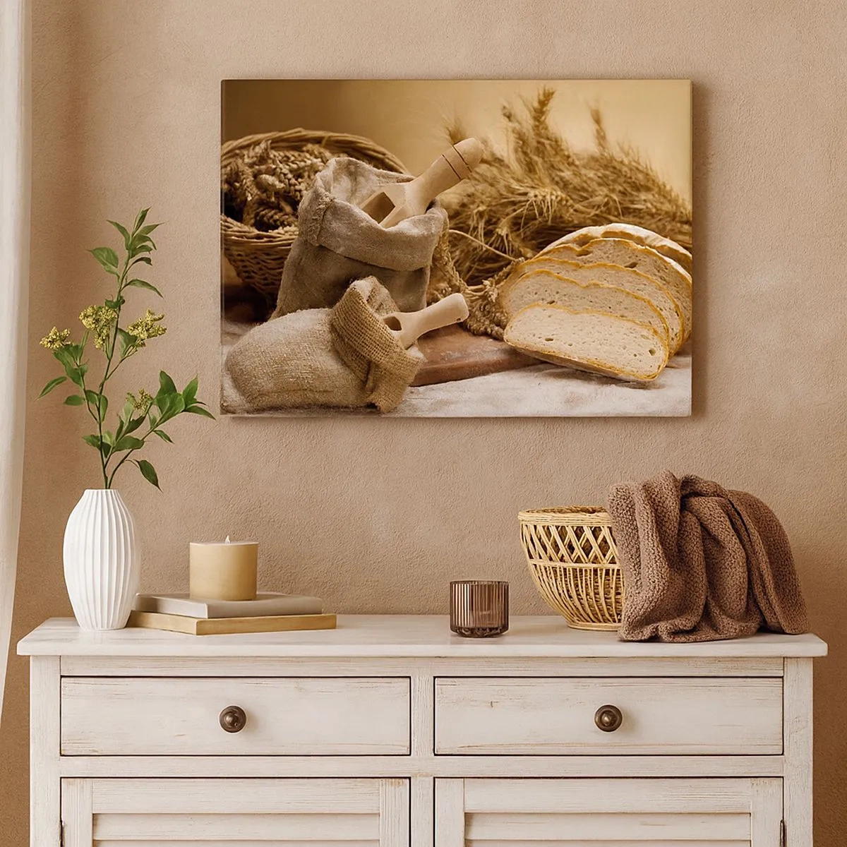 Canvastavla - Bild på duk - Ett landskap med bröd, mjöl och ax i rustik stil. - 70x50cm - Skivat bröd - Modern väggdekoration för vardagsrum och sovrum ARTTOR