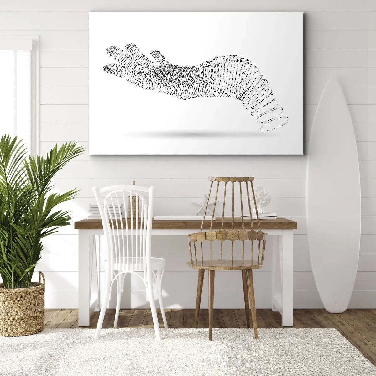 Canvastavla - Bild på duk - En minimalistisk illustration av en hand gjord av svarta prickar på en vit bakgrund. - 70x50cm - En spänstig hand - Modern väggdekoration för vardagsrum och sovrum ARTTOR