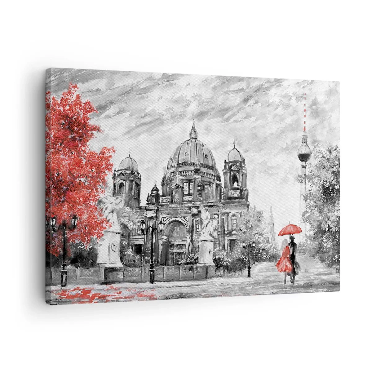 Canvastavla - Bild på duk - Svartvit scen med Berlin, ett rött paraply och ett träd - 70x50cm - Ett möte i Berlin - Modern väggdekoration för vardagsrum och sovrum ARTTOR
