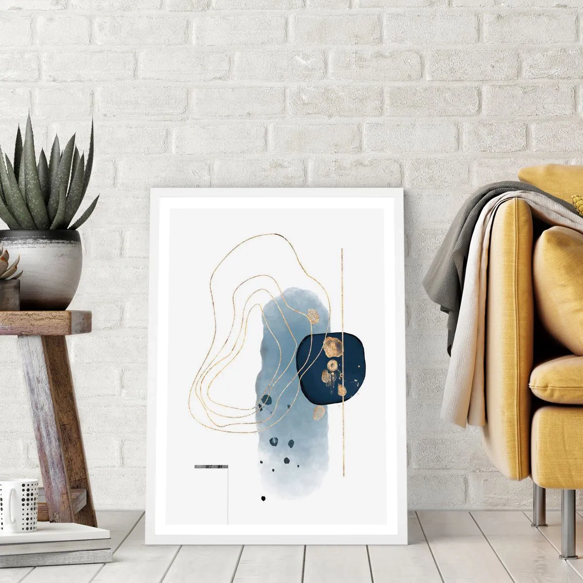 Affisch i vit ram - Blå-guld fantasi - 70x100 cm