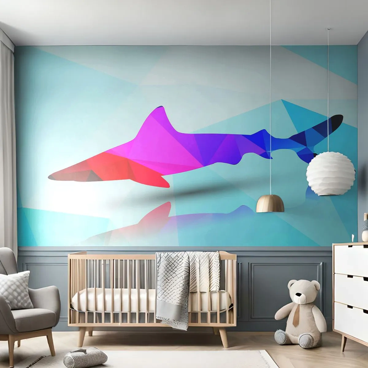 Självhäftande Fototapet Deluxe Sticker - Haj i kristallrummet - Djur, Haj, Geometrisk figur - 250x175 cm
