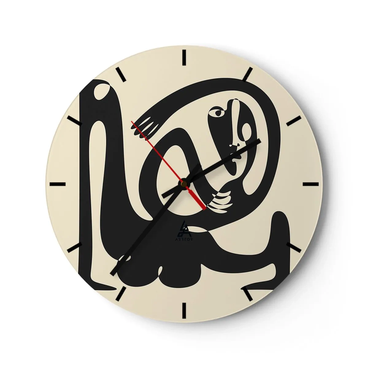 Väggklocka - Klocka på glas - En svart figur i abstrakt stil mot en krämfärgad bakgrund - 30x30cm - Nästan Picasso - Modern väggdekoration för vardagsrum, kök och sovrum ARTTOR